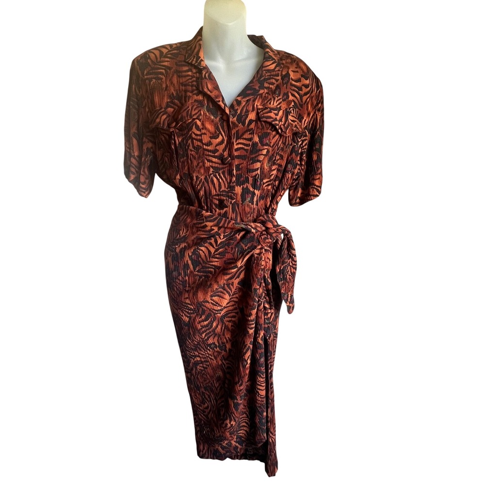 VTG Karin Stevens Animal Print Faux Wrap Dress Size 6 Brown Black Safari Retro